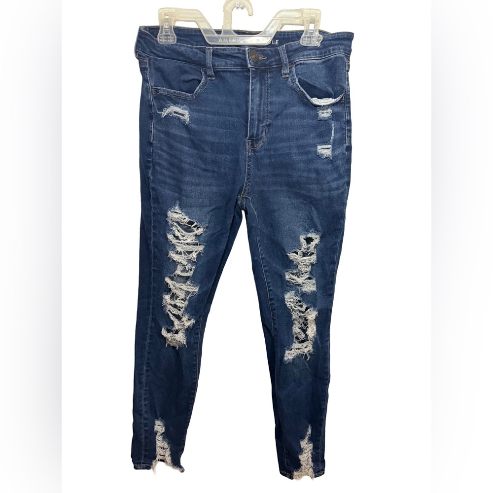 American Eagle High Rise Skinny Jeans 12R Dark Wash Distressed Raw Hem